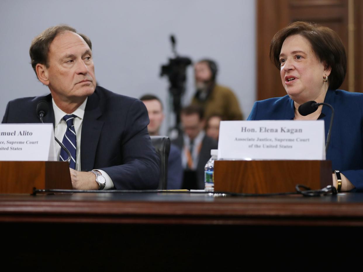 U.S. Supreme Court associate justices Samuel Alito (L) and Elana Kagan testify about the court's budget during a hearing of the House Appropriations Committee's Financial Services and General Government Subcommittee March 07, 2019 in Washington, DC.