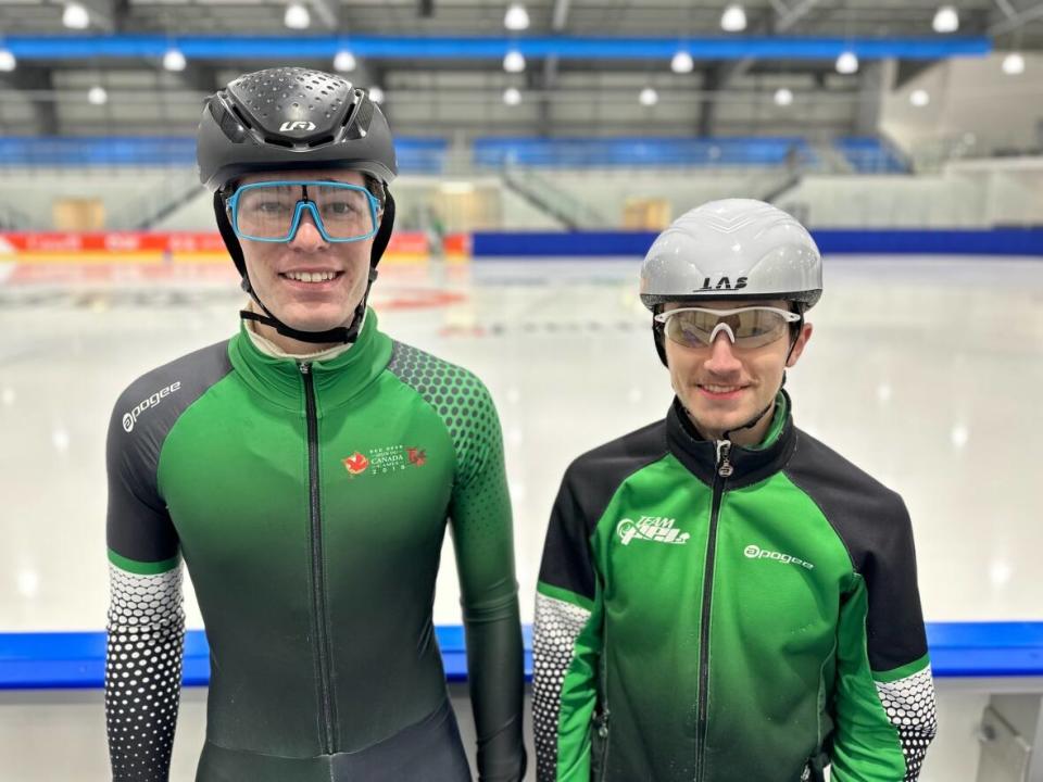 Andrew Binns, left, and Carter Bruce will compete in long-track speed skating at the Canada Winter Games.   (Aaron Adetuyi/CBC  - image credit)