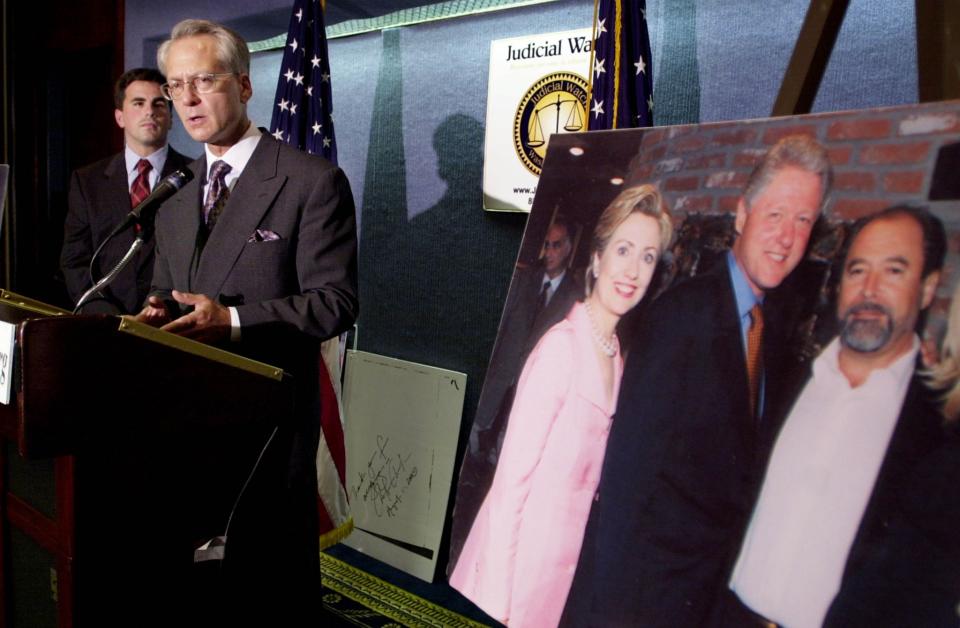 Larry Klayman, General Council for Judicial Watch, right, speaks at a press conference as Tom Fitton, President of Judicial Watch, looks on August 10, 2001 at the National Press Club in Washington, DC. Judicial Watch is filing suit against Sen. Hillary Rodham Clinton and former President Bill Clinton for submitting false reports of federal election campaign contributions. (Photo: Shawn Thew/Getty Images)