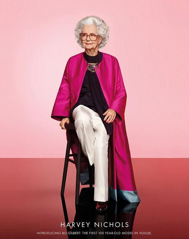 100-year-old Bo Gilbert will appear in the June issue of British Vogue. Photo: Harvey Nichols