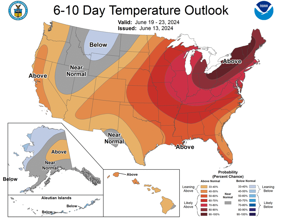 Six-10 day temperature outlook across the U.S. in June 2024.