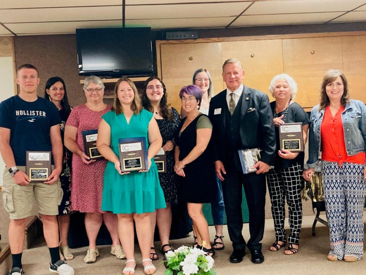 Award winners at the Twin City Chamber of Commerce banquet included Cameron Anderson (Left), Kristin Burrier, Martha Campbell, Jocelyn Scalambrino, Olivia Swigert, Tori Smith, Hannah Maxhimer (Allure Hair Studio), Bob Michels, Mary Lou Dunlap and Joelle Norman (Allure Hair Studio).