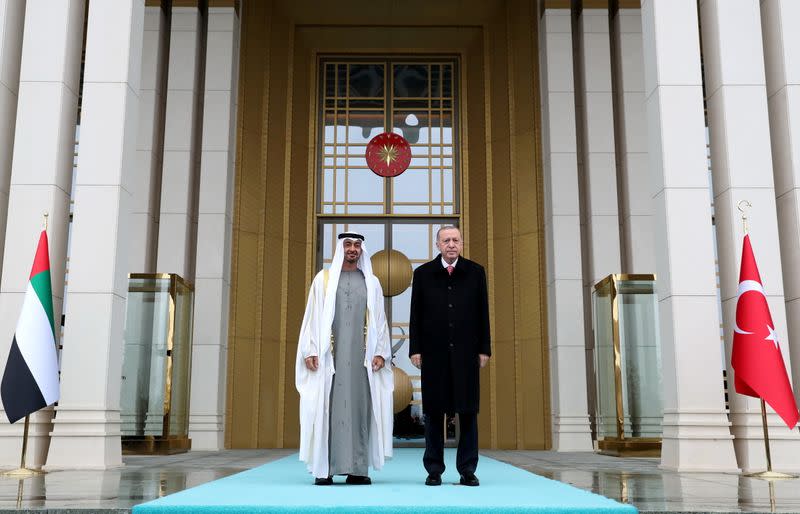 Turkish President Tayyip Erdogan and Abu Dhabi Crown Prince Sheikh Mohammed bin Zayed al-Nahyan pose for picture, in Ankara