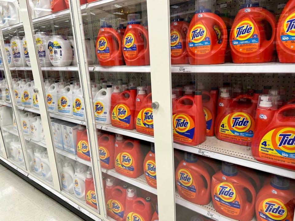 Some retail chains have taken to putting laundry detergent behind locked cases to try to prevent retail theft.