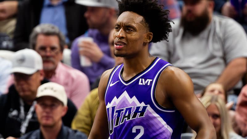 Utah Jazz guard Collin Sexton (2) reacts to a foul called during an NBA basketball game between the Utah Jazz and the Oklahoma City Thunder at the Delta Center in Salt Lake City on Tuesday, Feb. 6, 2024.