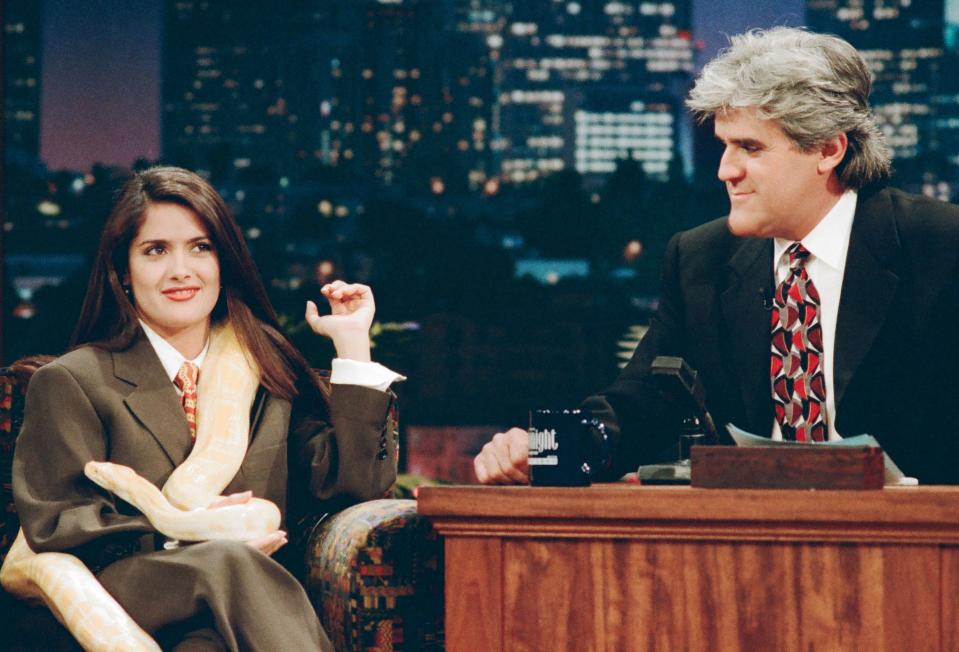 Salma Hayek wearing a men's suit during an appearance on "The Tonight Show With Jay Leno" in 1996.