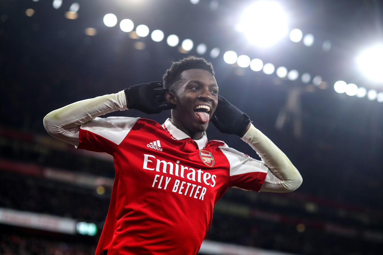 LONDON, ENGLAND - JANUARY 22: Eddie Nketiah of Arsenal celebrates scoring the winning goal during the Premier League match between Arsenal FC and Manchester United at Emirates Stadium on January 22, 2023 in London, United Kingdom. (Photo by Mark Leech/Offside/Offside via Getty Images)
