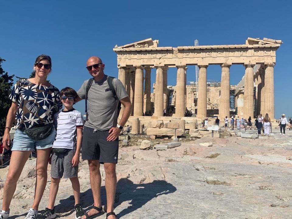 Eli, Andrea, and Finn in Greece.