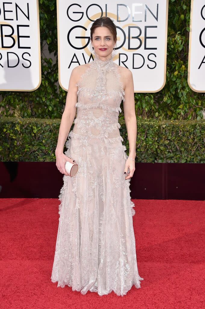 <p>The high neckline makes Amanda Peet look like she stepped out of a time machine from the Victorian era (not in a good way). </p>