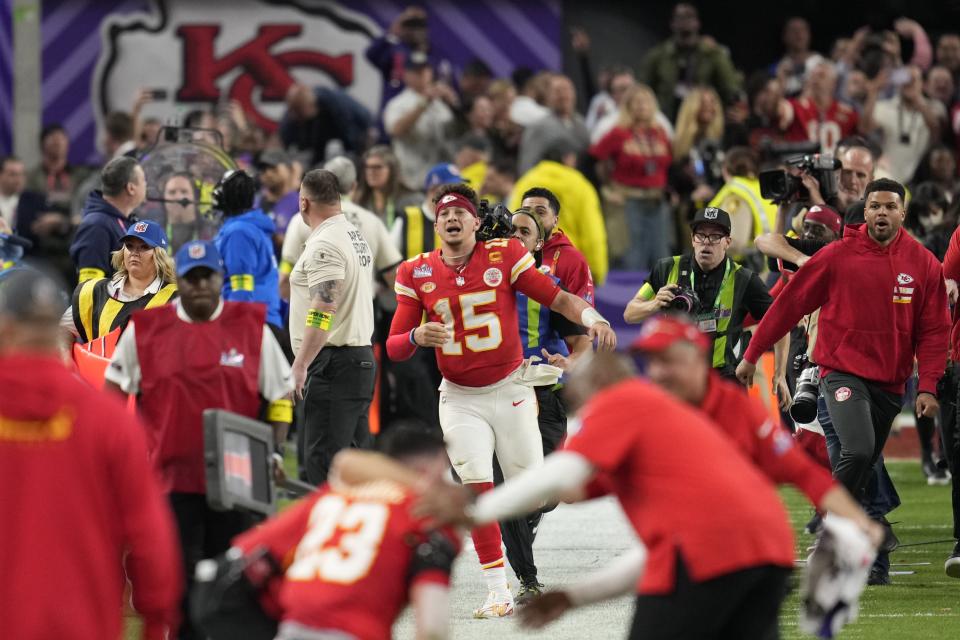 Kansas City Chiefs quarterback Patrick Mahomes (15) celebrates after winning the NFL Super Bowl 58 football game against the San Francisco 49ers Sunday, Feb. 11, 2024, in Las Vegas. The Chiefs won 25-22 against the 49ers. (AP Photo/Abbie Parr)