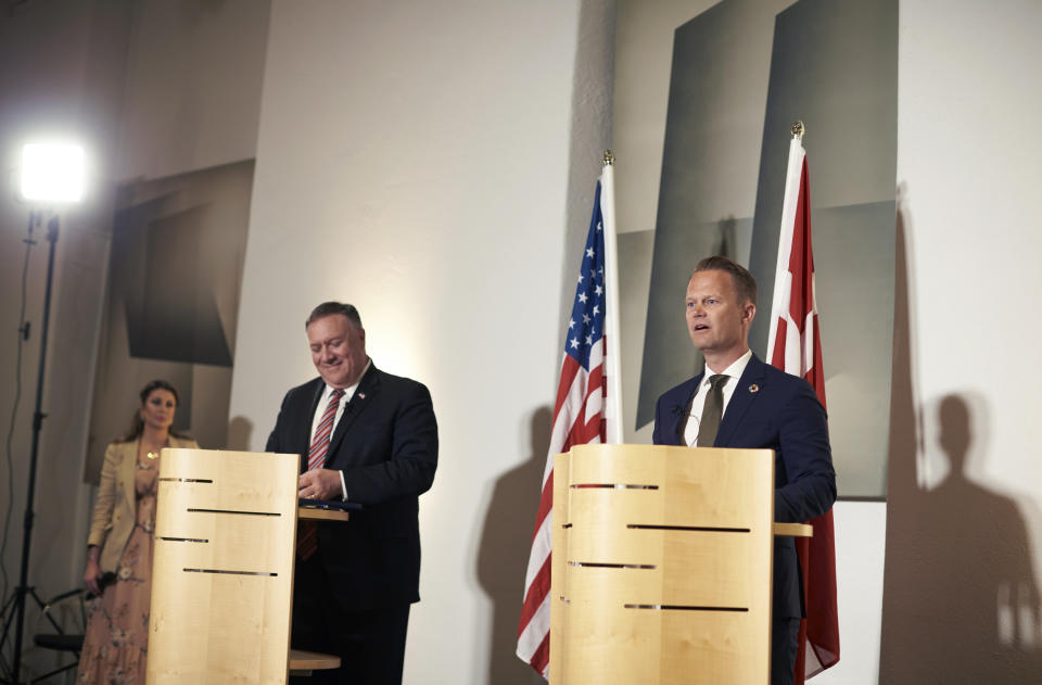 Danish Foreign Minister Jeppe Kofod, right and US Secretary of State Mike Pompeo give a joint press conference in Copenhagen, Denmark, Wednesday, July 22, 2020. Pompeo arrived in Denmark on Wednesday for meetings with the country's leaders that are likely to address the construction of a disputed gas pipeline which Washington opposes. (Thibault Savary/Pool Photo via AP)