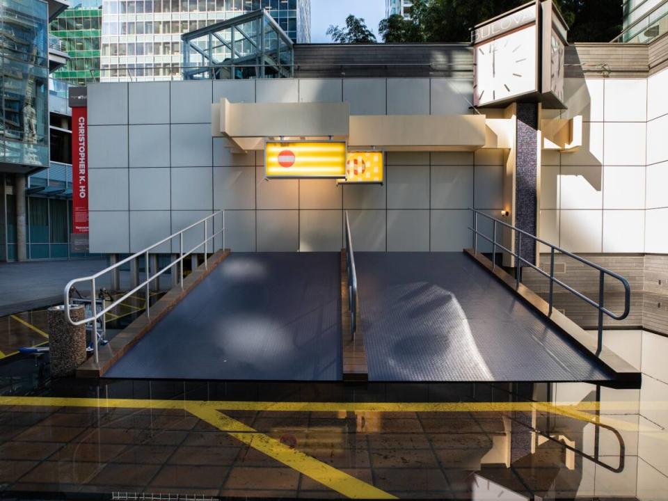 A new art installation at the Vancouver Art Gallery's Offsite location on West Georgia Street pays tribute to Hong Kong's old Kai Tak Airport, which was dismantled after the city's handover to the People's Republic of China (PRC). (Justine Boulin/CBC - image credit)