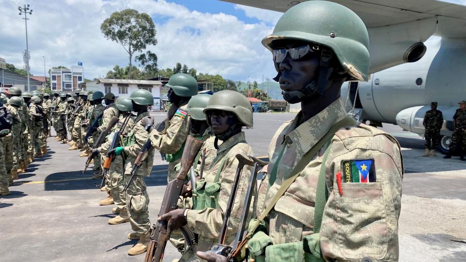 Soldiers of South Sudan shown at an airport in the Democratic Republic of the Congo on April 3, 2023. 