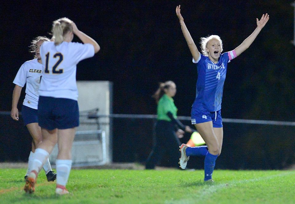 Williamsport's Lauren Toms celebrates after scoring the game-winning goal in overtime as the Wildcats beat Clear Spring 2-1 in the 1A West Region II quarterfinals on Oct. 26, 2022.