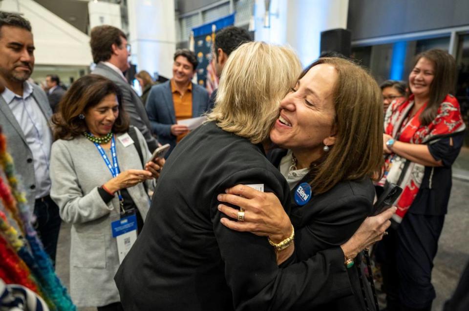 California Lt. Gov. Eleni Kounalakis hugs a supporter at the California Democratic Party fall endorsing convention on Friday, Nov. 17, 2023, at SAFE Credit Union Convention Center in Sacramento. Kounalakis is running to succeed Gov. Gavin Newsom in 2026.