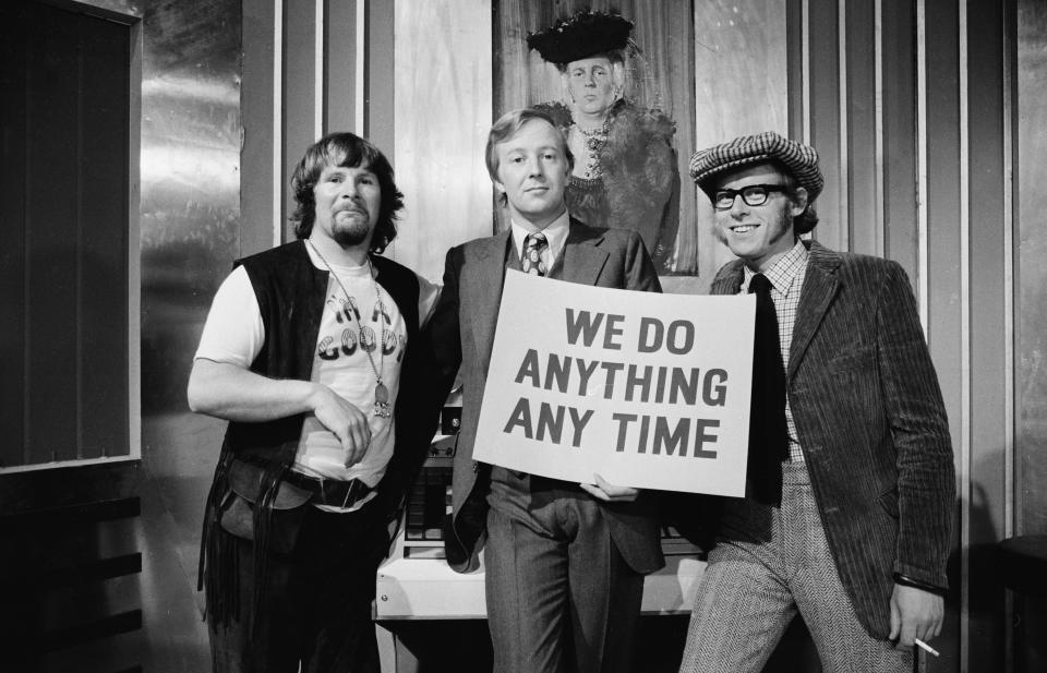 Comedians (L-R) Bill Oddie, Tim Brooke-Taylor and Graeme Garden in a sketch from episode 'Scotland' of the BBC television series 'The Goodies', July 2nd 1971. (Photo by Don Smith/Radio Times via Getty Images)