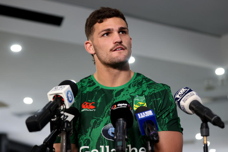 Nathan Cleary, pictured here speaking to the media while in camp with the Australia Kangaroos.