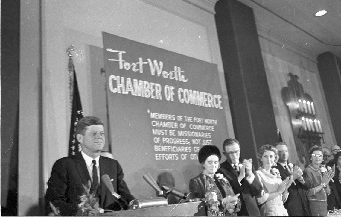 President John F. Kennedy takes the podium at the Fort Worth Chamber of Commerce breakfast, Hotel Texas, 11/22/1963