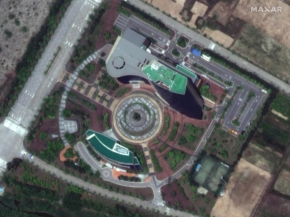 This May 29, 2020, satellite image provided by Maxar Technologies shows an inter-Korean liaison office building at a shuttered joint industrial park in Kaesong, North Korea. The North blew up the liaison office building just north of the heavily armed border with South Korea on June 16, 2020 in a carefully choreographed, largely symbolic display of anger. (Maxar Technologies via AP)