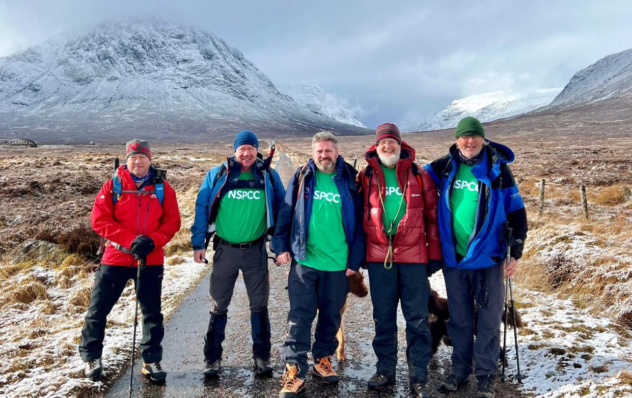 Glen Massam, Nial Mackinlay, Giles Moffat, Neil Russell and Graeme Sneddon train at Glencoe ahead of a charity climb at Mount Everest. The team of abuse survivors who attended Edinburgh Academy are raising money in aid of the NSPCC, the child protection charity.