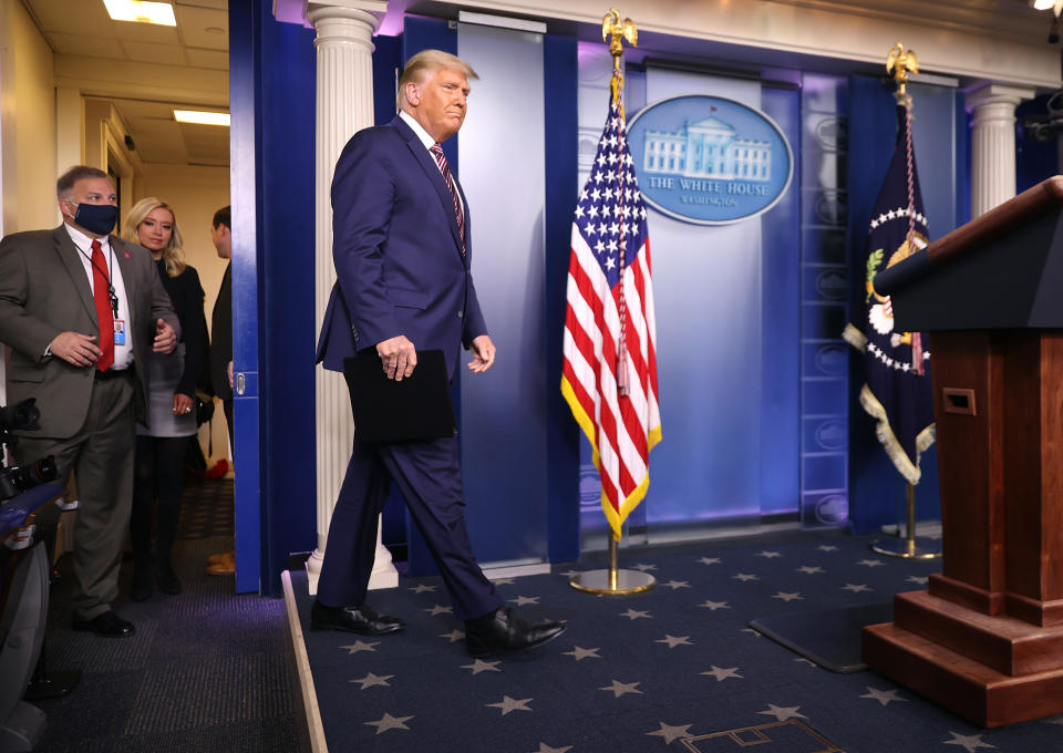 WASHINGTON, DC - NOVEMBER 05: U.S. President Donald Trump arrives to speak in the briefing room at the White House on November 5, 2020 in Washington, DC. Votes are still being counted two days after the presidential election as incumbent Trump is in a close race against challenger Democratic presidential nominee Joe Biden, which remains too close to call. (Photo by Chip Somodevilla/Getty Images)