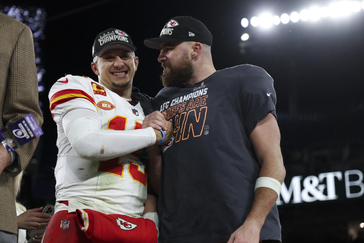 Kansas City Chiefs QB Patrick Mahomes (left) and tight end Travis Kelce connected on 11-of-11 targets in Sunday's AFC championship win over the Baltimore Ravens. (Photo by Kara Durrette/Getty Images)