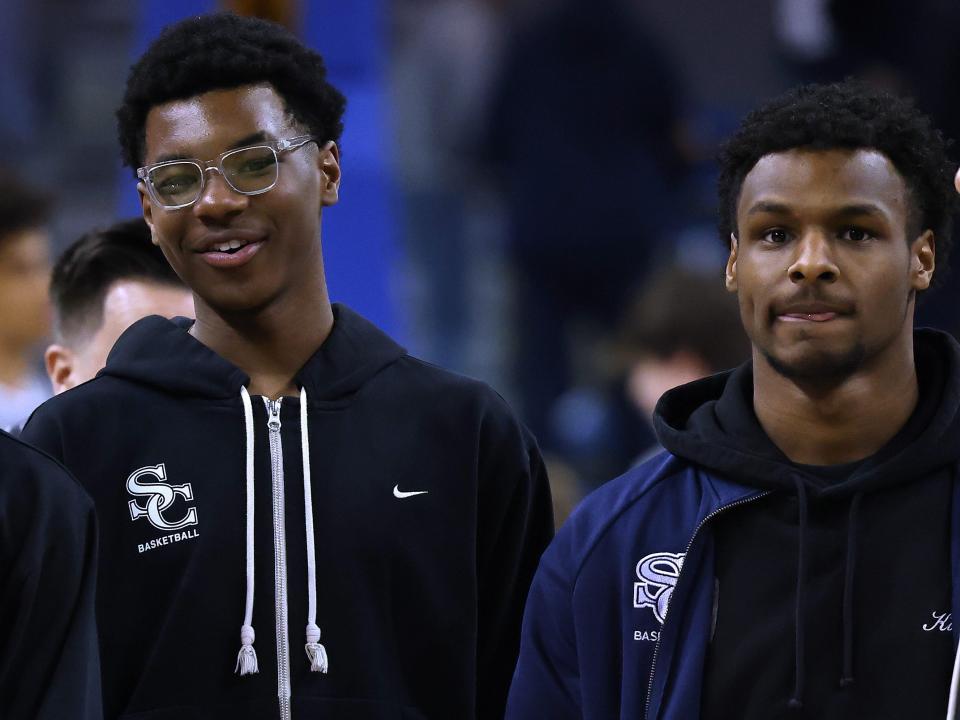 Bryce James and Bronny James of the Sierra Canyon Trailblazers before the game against the Notre Dame Knights at UCLA Pauley Pavilion on January 27, 2023