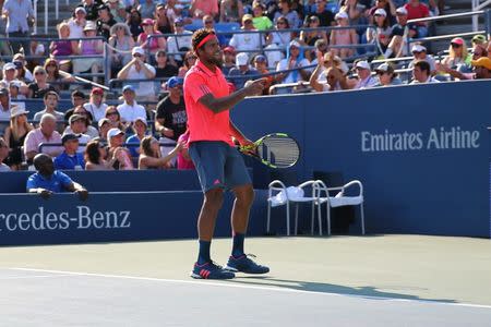 Sep 4, 2016; New York, NY, USA; Jo-Wilfried Tsonga of France celebrates after defeating Jack Sock of the United States (not pictured) on day seven of the 2016 U.S. Open tennis tournament at USTA Billie Jean King National Tennis Center. Mandatory Credit: Anthony Gruppuso-USA TODAY Sports