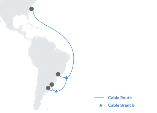 O cabo terá uma rota direta com o Brasil e duas extensões para Argentina e Uruguai (Imagem: Reprodução/Google)