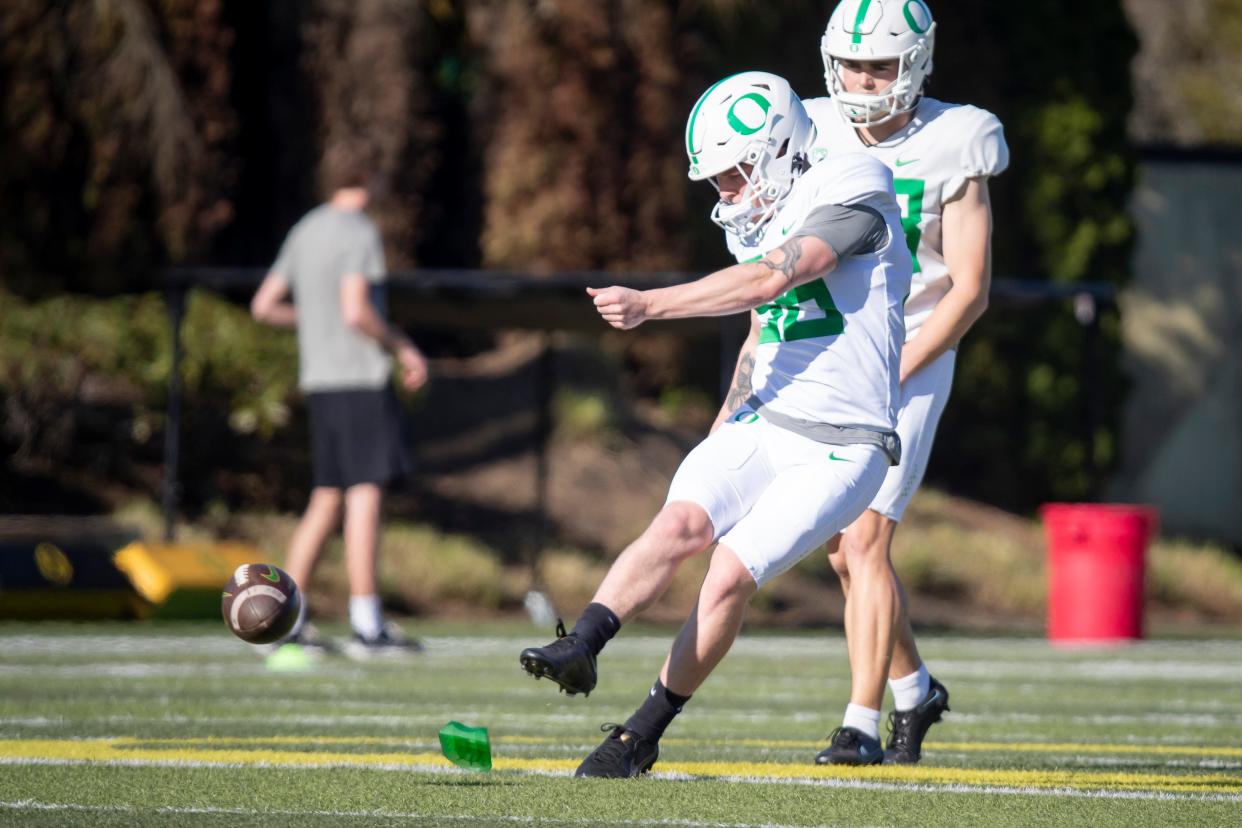 Oregon kicker Atticus Sappington kicks the ball during practice with the Oregon Ducks April 2 in Eugene.