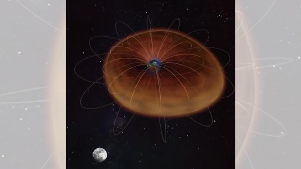 An image of the Earth and moon comparing ocean tides  (shown as a small blue ring) to plasmasphere tides (shown as a large orange ring)