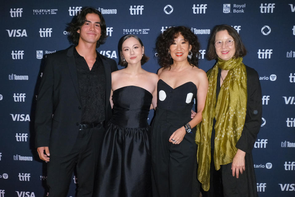 TORONTO, ONTARIO - SEPTEMBER 06: (L-R) Joel Oulette, Keira Jang, Sandra Oh, and Ann Marie Fleming attend the premiere of 