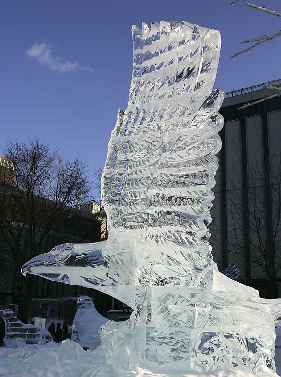 An ice sculpture of an eagle is displayed at Odori Koen during the 57th Sapporo Snow Festival in 2006 in Sapporo, Hokkaido, Japan.