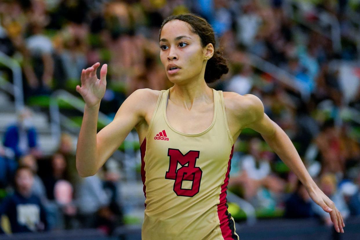 Natasha Redmond of Mount Olive places in first in the 300-meter dash during the Morris County winter track championships at the Ocean Breeze Athletic Complex in Staten Island on Jan. 30, 2023.