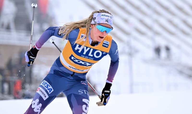 Jessie Diggins from the USA is on her way in the qualification during the women's classic sprint competition of the Nordic/cross-country skiing World Cup. Diggins won overall World Cup title in cross-country skiing's finale in Falun in Sweden. Martin Schutt/dpa