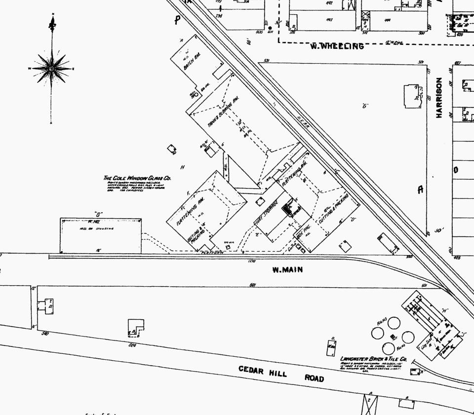 This 1904 Sanborn Map shows the location of the Cole Window Glass Co. above W. Main Street and SW of the railroad tracks.