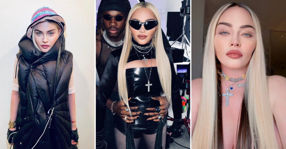 Recent Instagram pictures of Madonna, aged 63, in black sleevless parka, knitted hat, in black hotpants and fishnet stockings with sunglasses and with long blonde hair and crucifix chains.