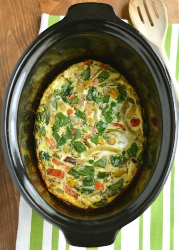 <p><strong>Get the recipe: <a href="https://skinnyfitalicious.com/crockpot-veggie-omelet/" rel="nofollow noopener" target="_blank" data-ylk="slk:Crock Pot Veggie Omelet;elm:context_link;itc:0;sec:content-canvas" class="link ">Crock Pot Veggie Omelet</a></strong></p>