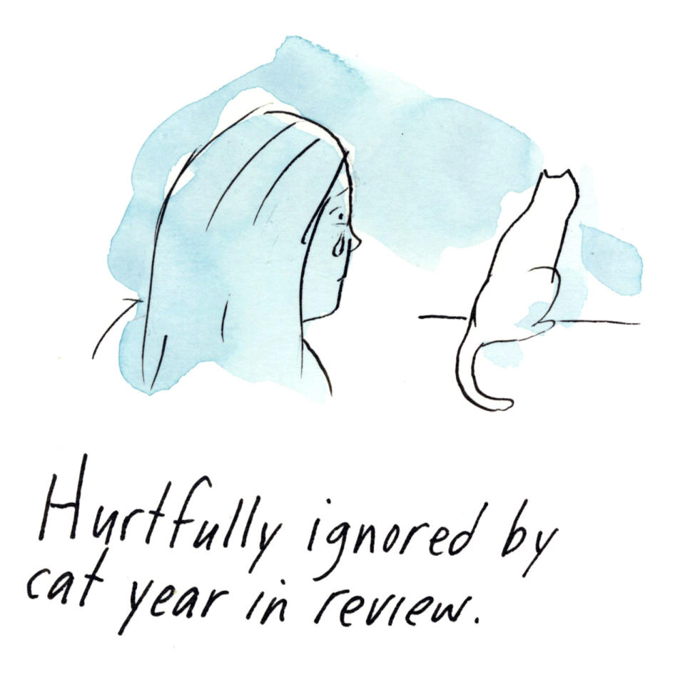 an image of a woman crying and looking at her cat that reads "hurtfully ignored by cat year in review."