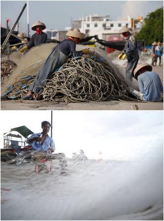 A combination photo shows boat crew repairing fishing nets at a port in the city of Dongfang on the western side of China's island province of Hainan, June 18, 2014 (top) and Fisherman Nguyen Van Dung tending to a fishing net on Ly Son island, in Vietnam's central Quang Ngai province July 1, 2014 (bottom) REUTERS/John Ruwitch (Top) and Kham