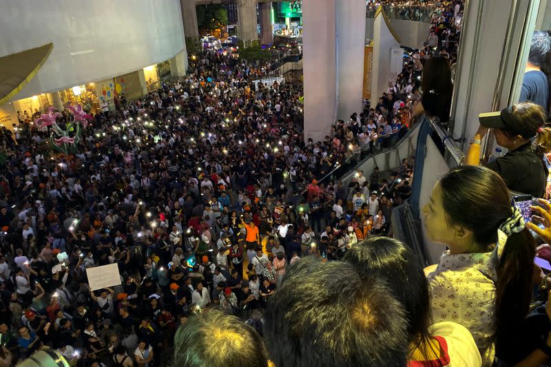 Supporters react at a sudden unauthorised rally by the progressive Future Forward Party in Bangkok