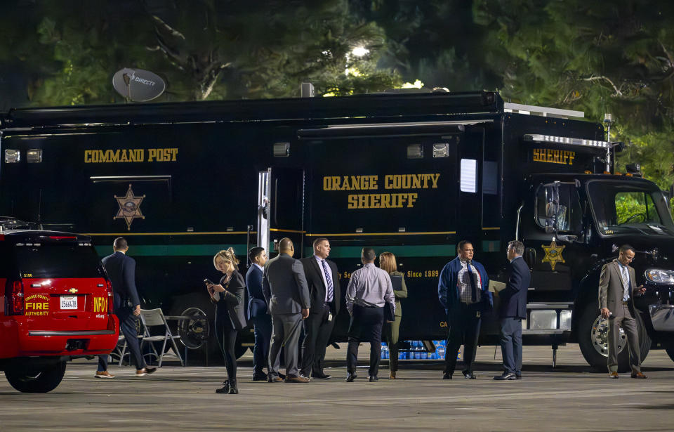 The Orange County aheriff's mobile command post uses the parking lot at Saddleback Church as as staging area in Lake Forest, Calif., Wednesday, Aug. 23, 2023, after a fatal shooting at Cook's Corner in Trabuco Canyon. (Leonard Ortiz/The Orange County Register via AP)