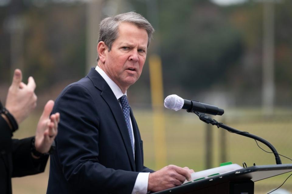 Georgia Gov. Brian Kemp speaks to the media before health care workers received the Pfizer-BioNTech COVID-19 vaccine outside of the Chatham County Health Department on December 15, 2020 in Savannah, Georgia.(Photo by Sean Rayford/Getty Images)