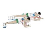 <p><strong>1/ </strong>In a low plank position with your toes on the gliders, walk forwards four ‘steps’ on your forearms.</p><p><strong>2/ </strong>Step up onto your right palm, then your left and into a high plank. Now reverse the movement back onto your forearms before going back four steps. Grunting optional.</p>