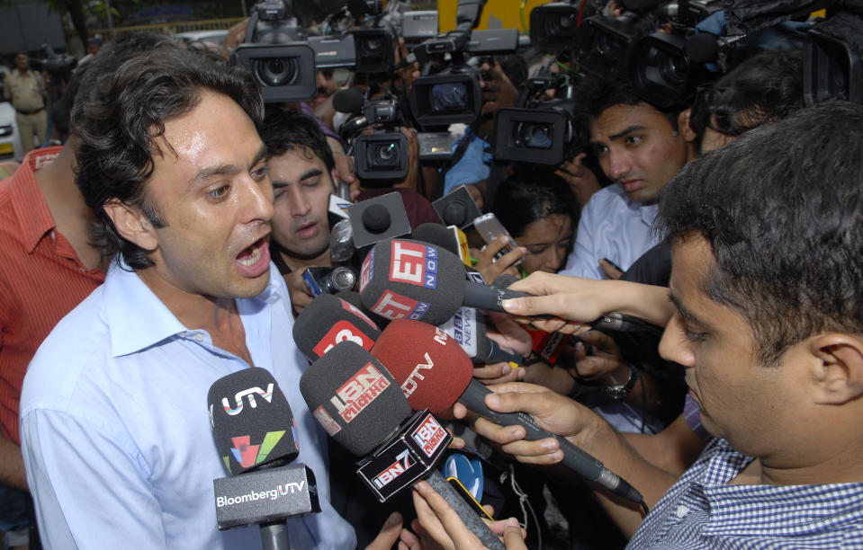 MUMBAI, INDIA � JUNE 24: Kings XI Punjab team co-owner Ness Wadia speaks to media persons outside BCCI headquarters after the meeting of BCCI office bearers and IPL franchisees in Mumbai on Thursday, June 24, 2010.(Photo by Mandar Deodhar/The India Today Group via Getty Images)