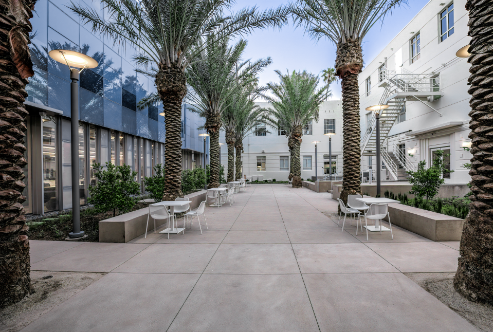 In designing the building, the landscaping was made to be consistent with the nearby Tongva Park and Ken Genser Square.