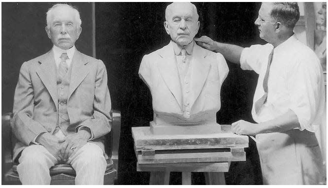 Financier Edward T. Stotesbury, longtime society baseball first-pitch honoree, poses as his bust is sculpted in Palm Beach by local artist Hugo Wagner in the 1940s.