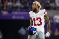 Oct 3, 2016; Minneapolis, MN, USA; New York Giants wide receiver Odell Beckham Jr. (13) argues a call during the second quarter against the Minnesota Vikings at U.S. Bank Stadium. Mandatory Credit: Brace Hemmelgarn-USA TODAY Sports