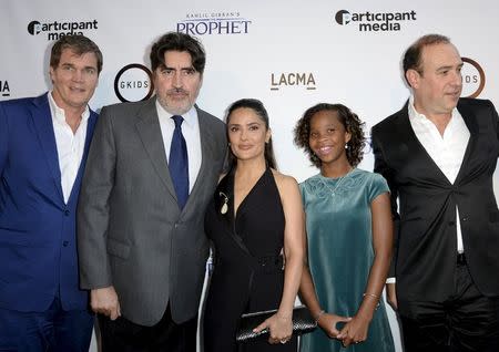 (L-R) Producer Clark Peterson, cast member Alfred Molina, producer and cast member Salma Hayek-Pinault, cast member Quvenzhane Wallis and producer Jose Tamez pose during Los Angeles screening of Khalil Gibran's "The Prophet" at Los Angeles County Museum of Art's Bing Theater in Los Angeles, California, July 29, 2015. REUTERS/Kevork Djansezian