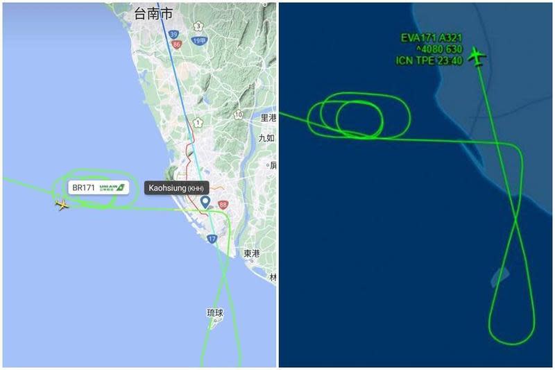 長榮航空一架從南韓仁川機場起飛返台的航班，颱風夜多次嘗試進場高雄，引發網友熱烈關注。（翻攝自翻攝自Flightradar24、flightaware）